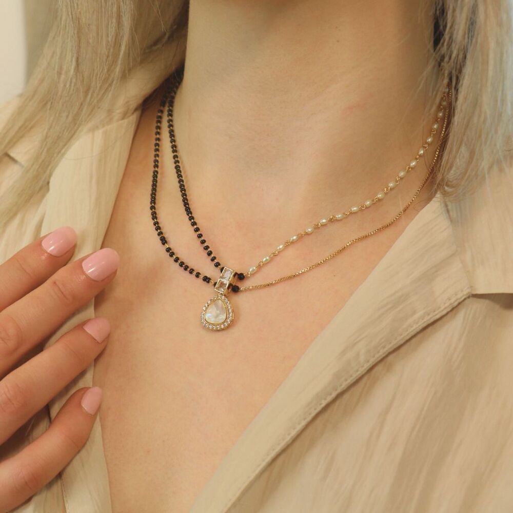 Two Layer Pearl & Black Bead Mangalsutra with Tear Drop Diamond Pendant | 18K Gold Designer Mangalsutra Necklace
