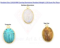 Natural Multi Gemstone Oval Shape Carving Stone Pendant - Brass With 18k Gold Plated, Dimensions 10x14 Mm Stone & 11x18 Mm Pendant