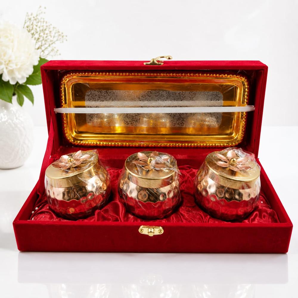 Premium Dry Fruit Jar Set With Serving Tray In Velvet Gift Box - Color: Golden & Copper