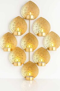 9 Leaf Tealight Holder Wall Hanging Aca A  Decorative Metal Candle Stand - Color: Golden