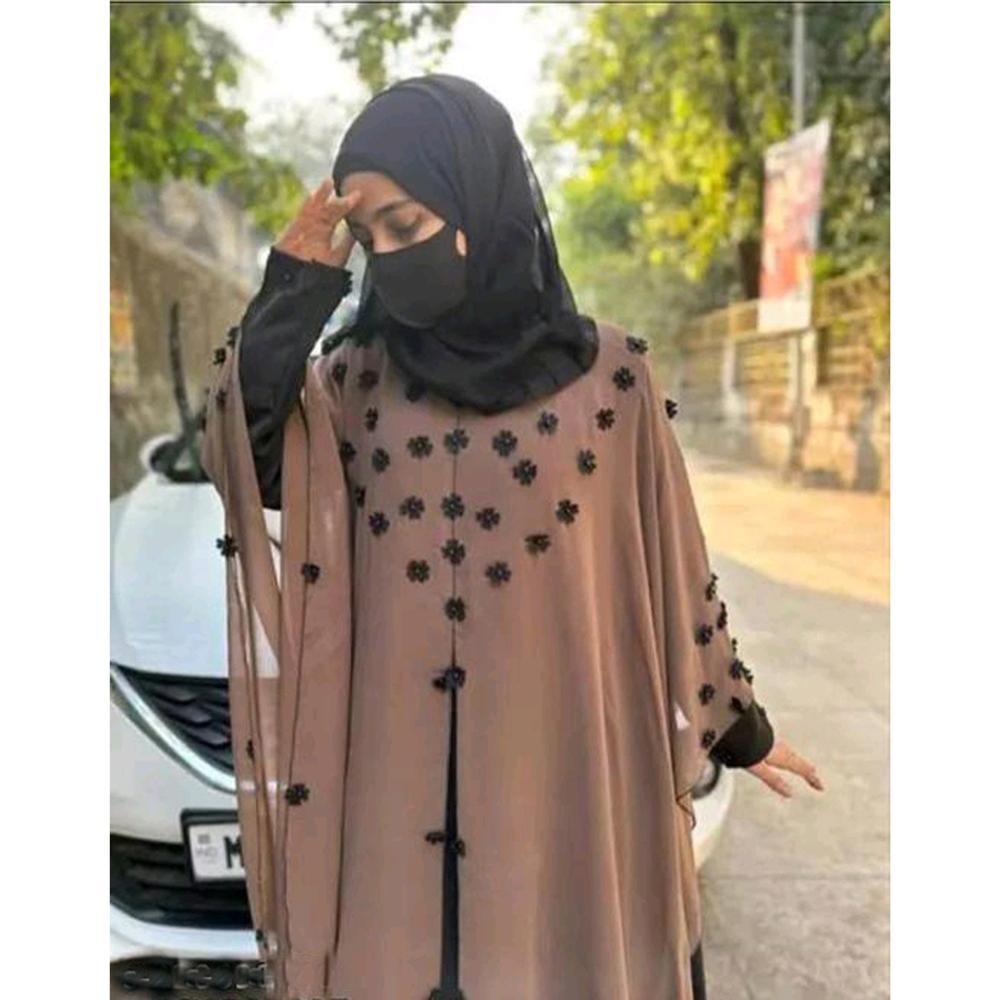 Brown Farasha with velvet flower work Fabric Nida