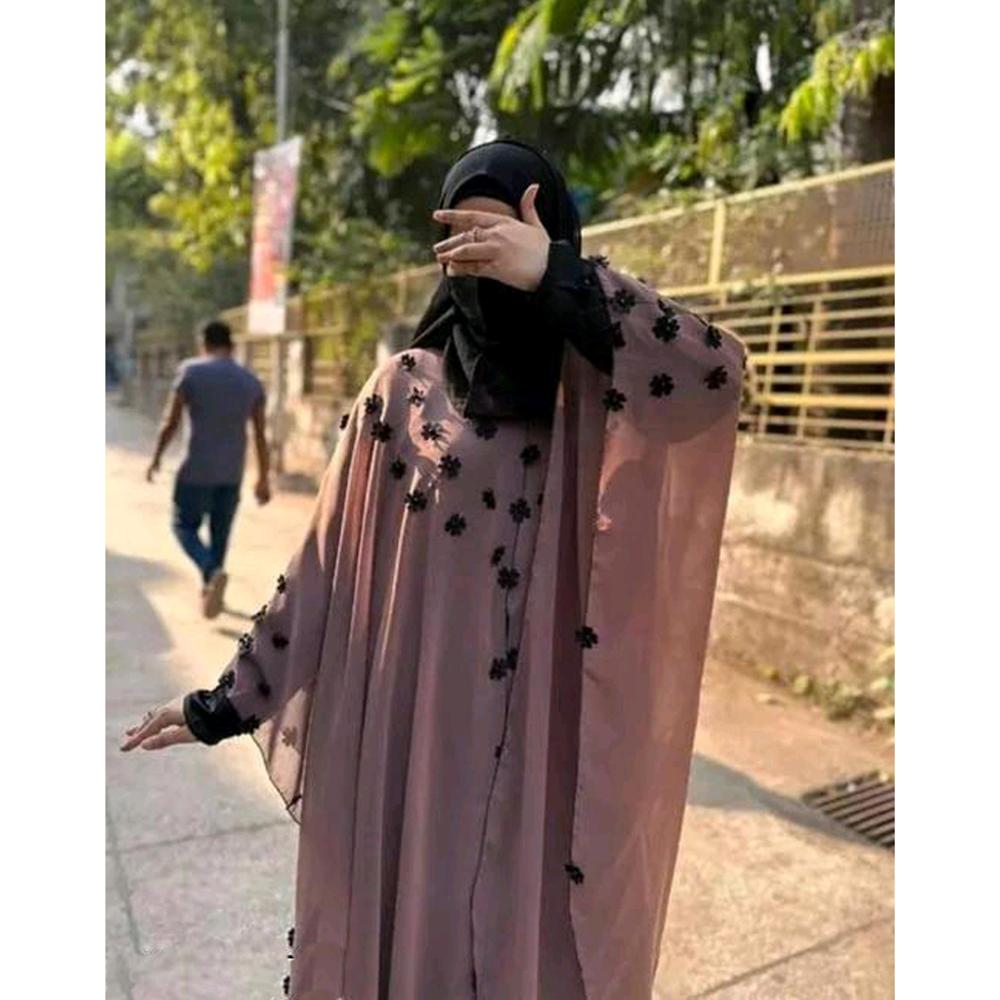 Brown Farasha with velvet flower work Fabric Nida