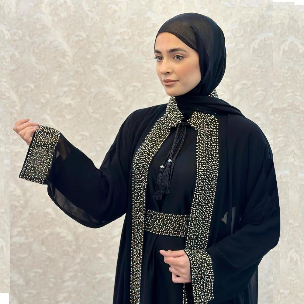 Black Abaya Stone Work For Women Elegant Modest Wear Black Stylish Dubai Abaya - Cotton Material, Hand Washable, Deep Black with Subtle Grey Stone Hues