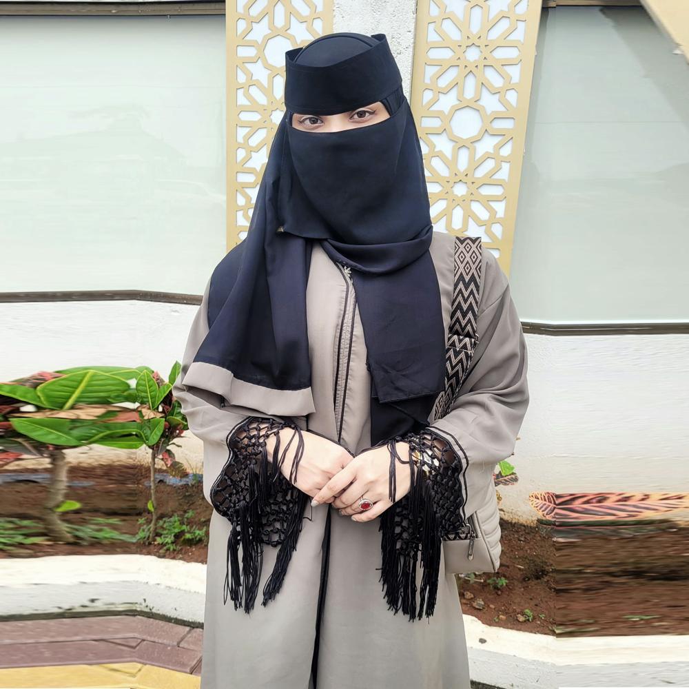 Khaki Abaya For Women Burqa Modest Wear Islamic Stylish Dubai Abaya Sleeve Lace Pattern Naqab New Stylish Hijab Burkha - Color: Black