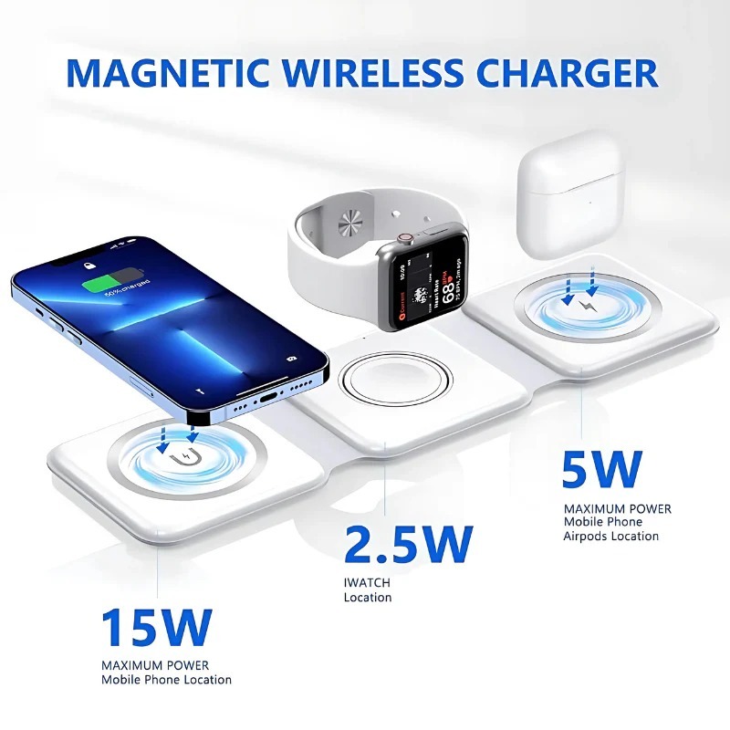 3 in 1 Magnetic Foldable MagSafe Wireless Charger - Durable Plastic Material, Compact Design , Cash on Delivery Available, Bulk Orders Only