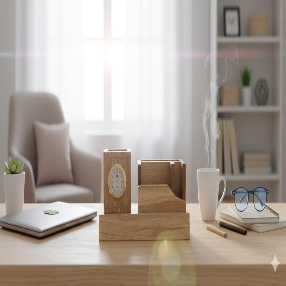 Desktop Wooden Pen Holder With Clock