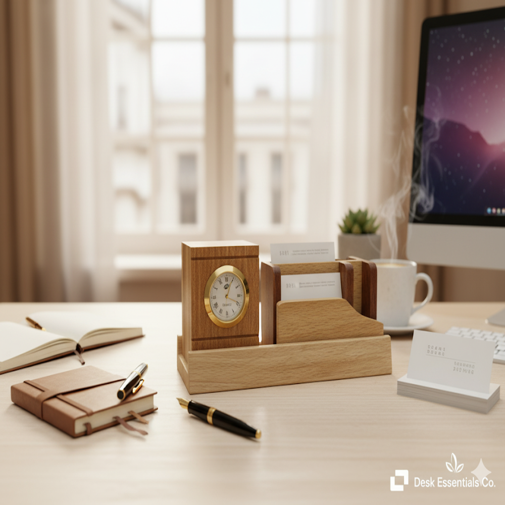 Desktop Wooden Pen Holder With Clock