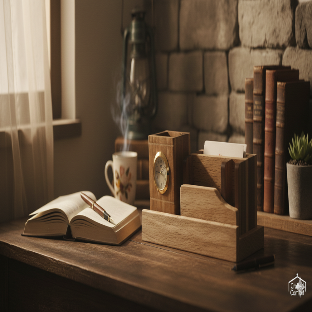 Desktop Wooden Pen Holder With Clock