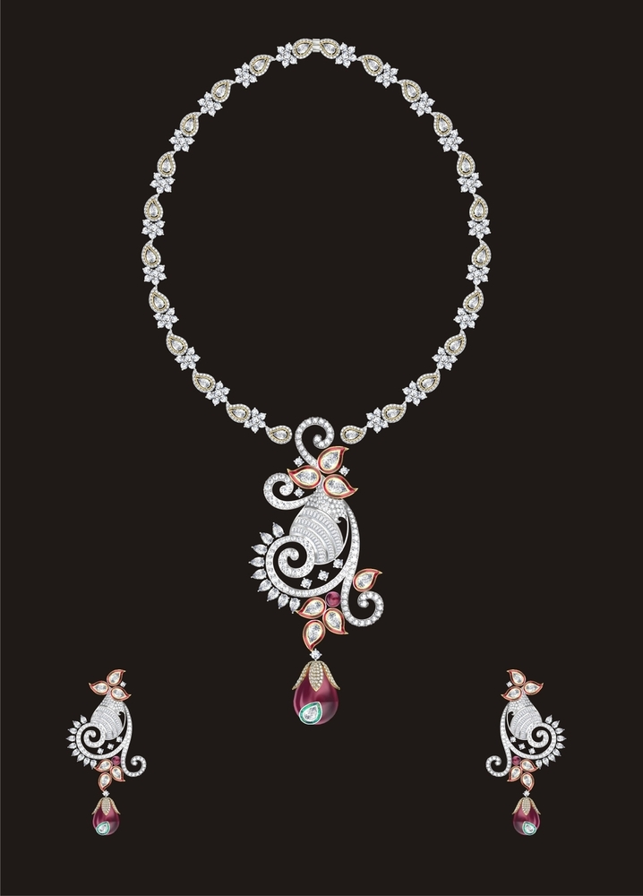 Majestic Plumage Necklace With Red Diamond - Color: White