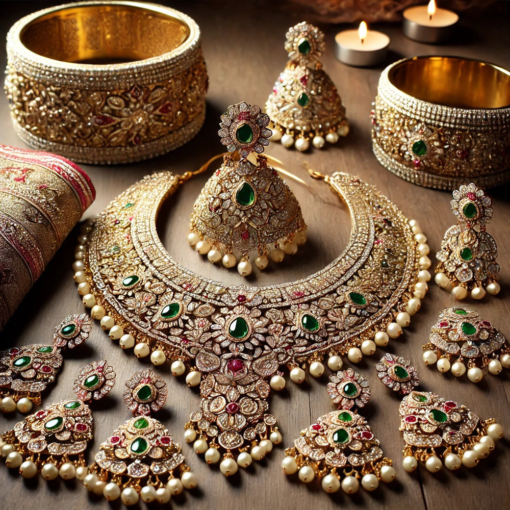 Kundan Polki Diamond Bridal Set - Color: Golden