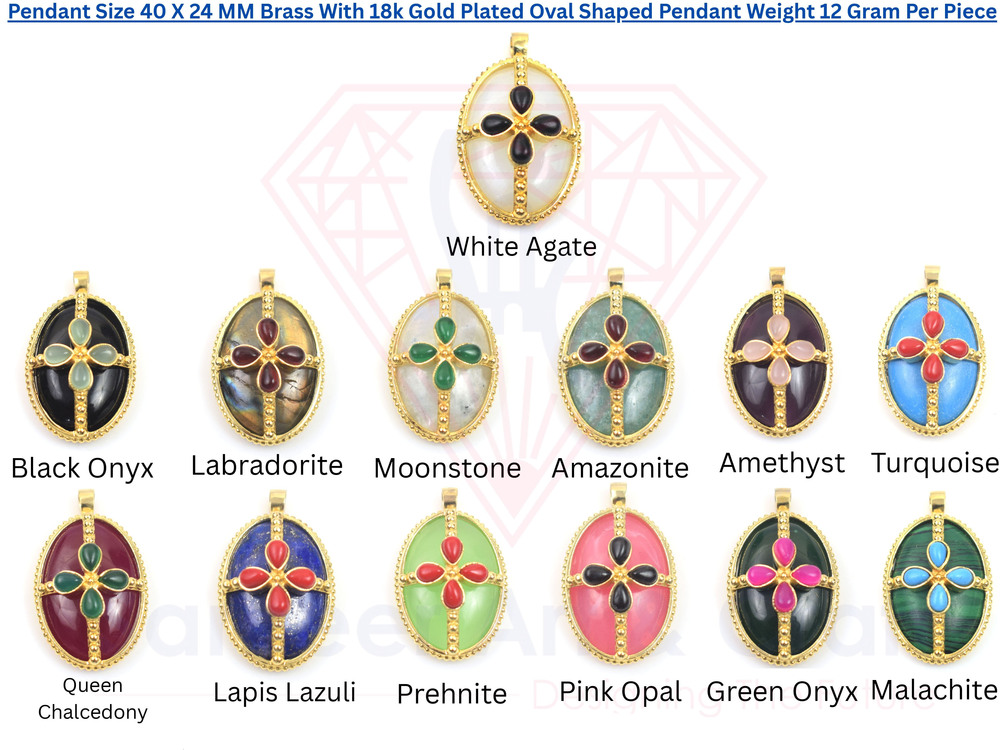 Elegant Brass With Gold Plated Natural Gemstone Multi Stone Oval Shaped Pendant