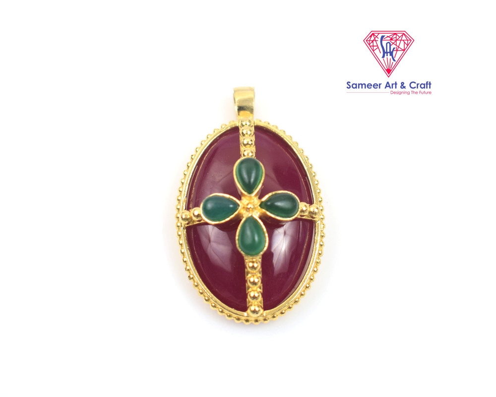 Elegant Brass With Gold Plated Natural Gemstone Multi Stone Oval Shaped Pendant