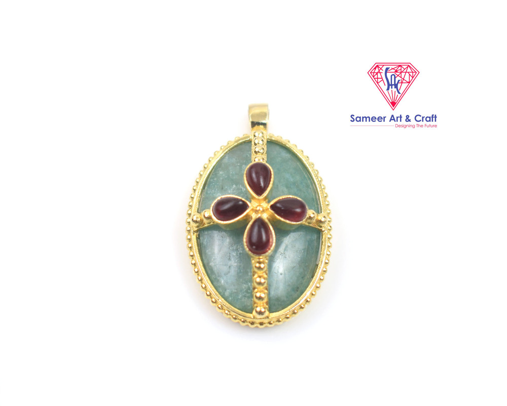 Elegant Brass With Gold Plated Natural Gemstone Multi Stone Oval Shaped Pendant