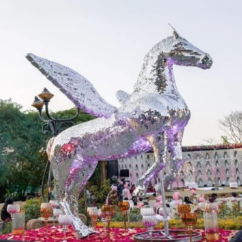 Fiber Mirror Horse Statue - Color: Silver