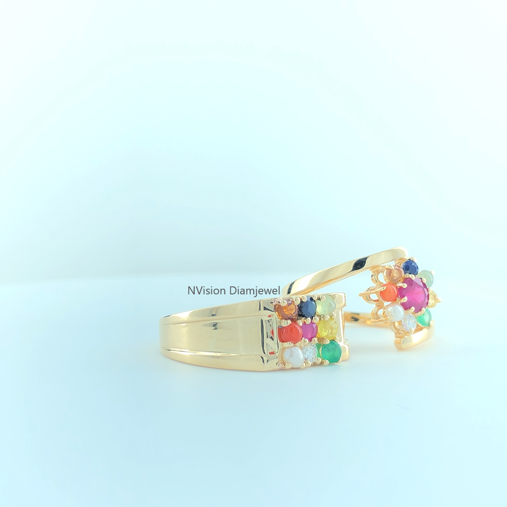Natural Diamond & Nav Grah Gemstones Cosmic Couple Rings - Color: Ef