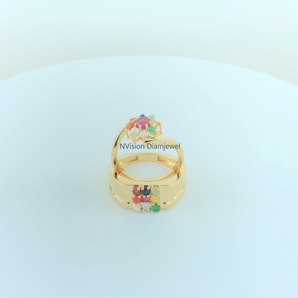 Natural Diamond & Nav Grah Gemstones Cosmic Couple Rings - Color: Ef