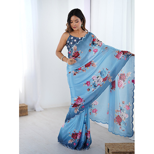 Fancy Printed Sarees With Fine Lace Work - Color: Multicolor