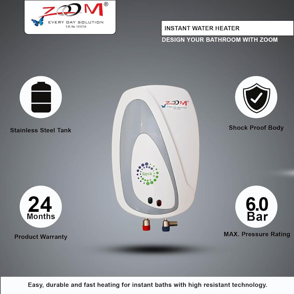 Reva Instant Water Heater - Stainless Steel, 1 Liter | 3000 Watt, Efficient Heating, Wall Mounted, 2-year Warranty