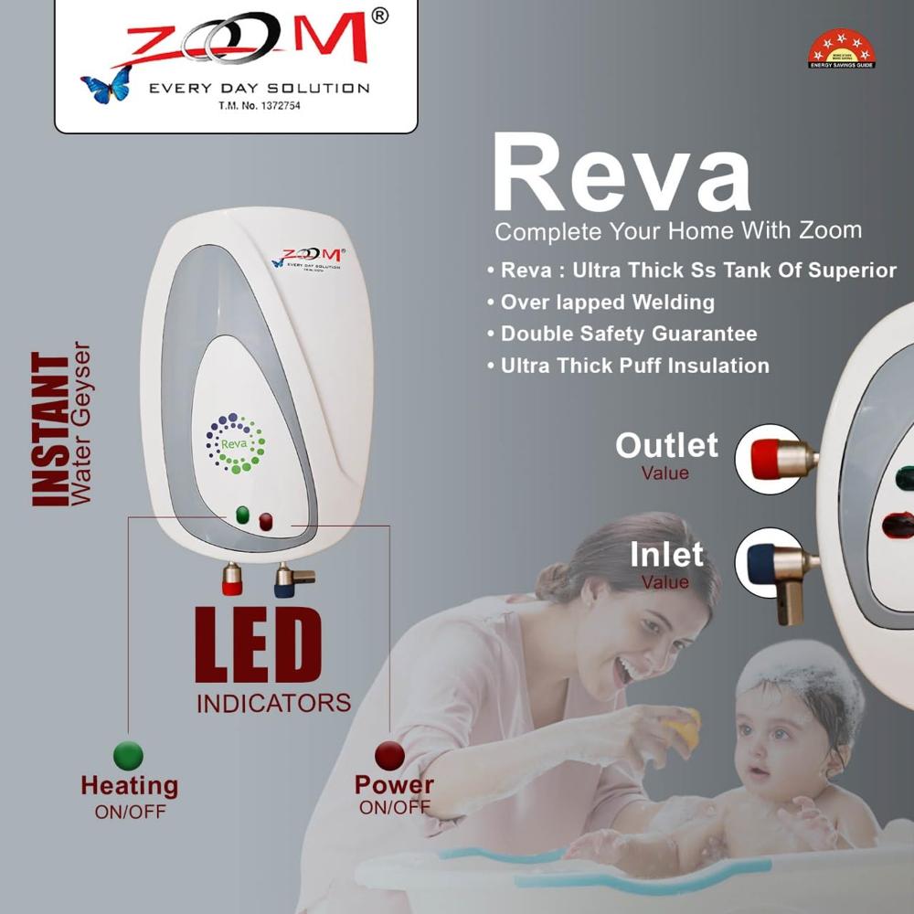 Reva Instant Water Heater - Stainless Steel, 1 Liter | 3000 Watt, Efficient Heating, Wall Mounted, 2-year Warranty