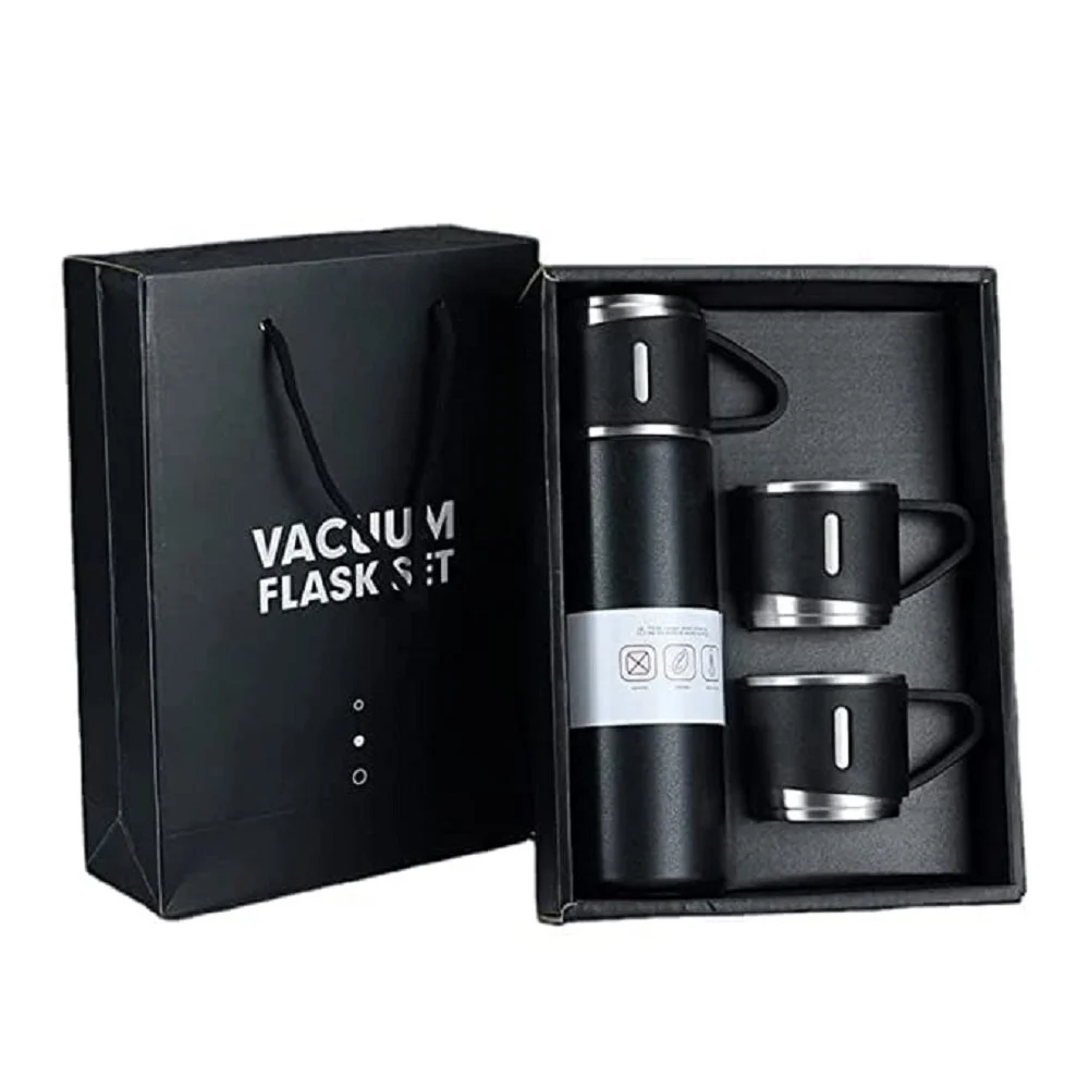 Stainless Steel Vacuum Flask Set - 750ml & 350ml, Silver With Black Accents | Double Wall Vacuum Insulation, Leak-proof, Electropolished Interior