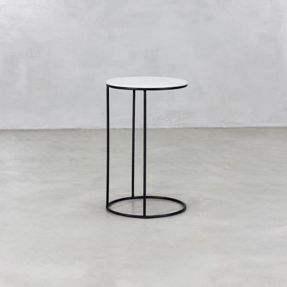 Single Stand Black Powder Coated Side Table - Iron Metal Side Table White Top - Artwork: Handmade