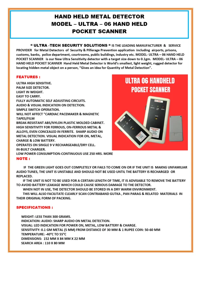 HAND HELD METAL DETECTOR ULTRA 06 POCKET SCANNER