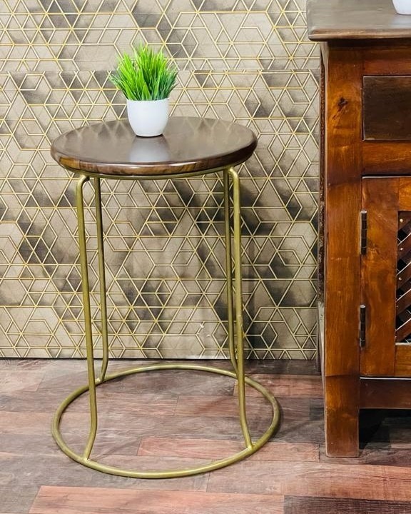 Stainless Steel Gold Plated Round Side Table With Wooden Top - Application: Accent Furniture