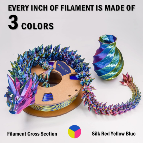 Filamont Silk TRI Color Red Yellow Blue 1.75mm PLA 3D Printer Filament Premium Silk Finish High Dimensional Accuracy Wide Compatibility