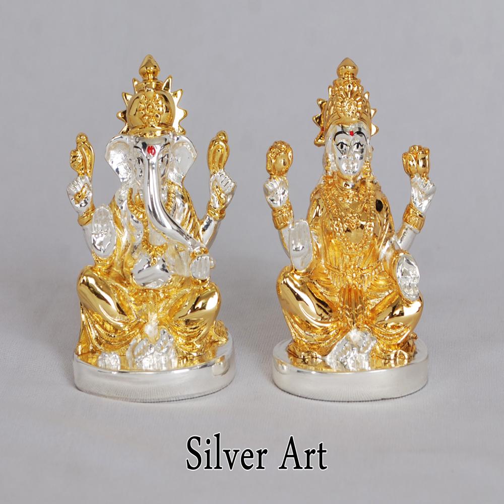 Two Tone Laxmi Ganesh Statue - Color: Silver & Gold