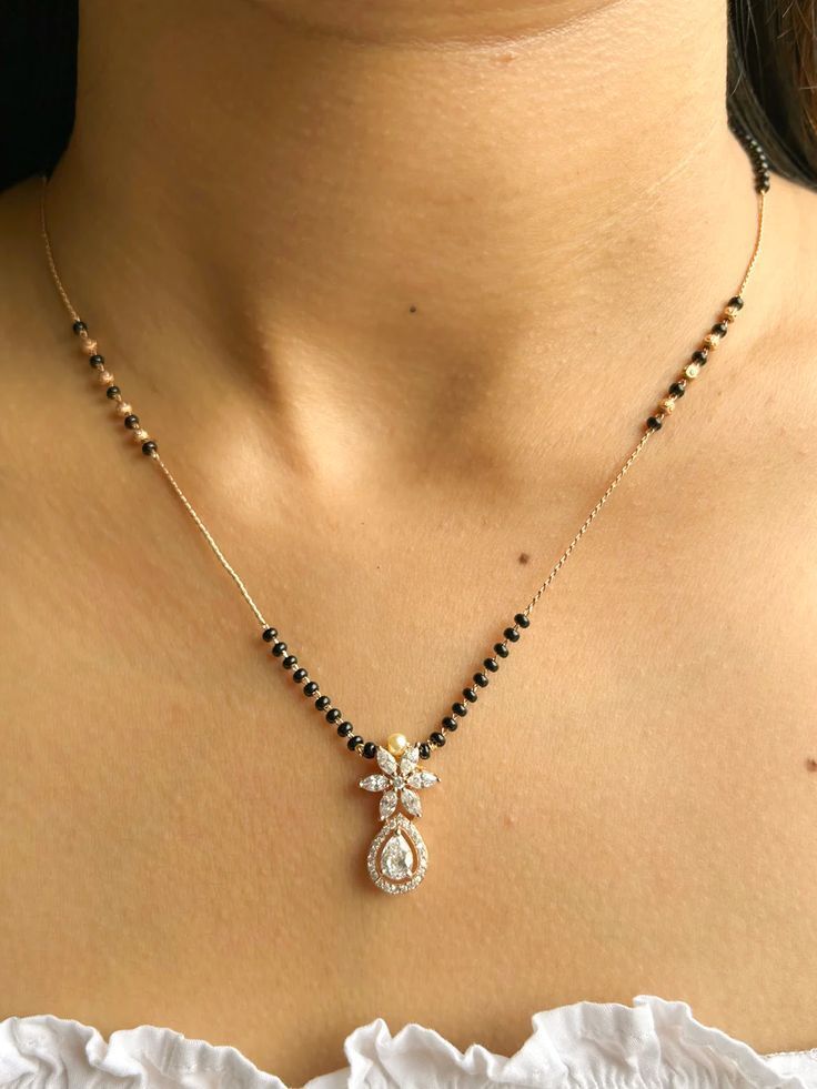 18K Gold Lab Grown Diamond Mangalsutra, Halo Pear & Marquise Cut EF/VVS Pendant Necklace