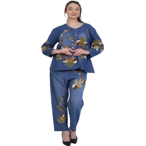Denim Embroidery Jacket With Pant - Color: Blue