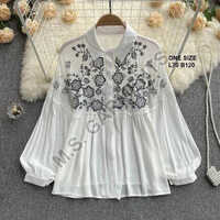 Ladies Cotton Silk Embroidered Top - Color: White
