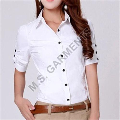 Ladies White Plain Cotton Shirt - Design: Premium