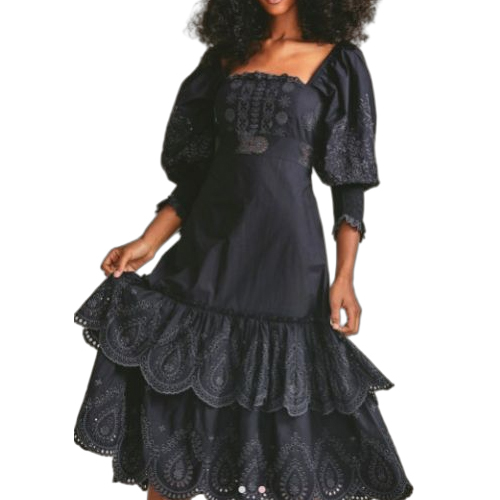 Black 100% Cotton Embroidered Top - Color: Blue