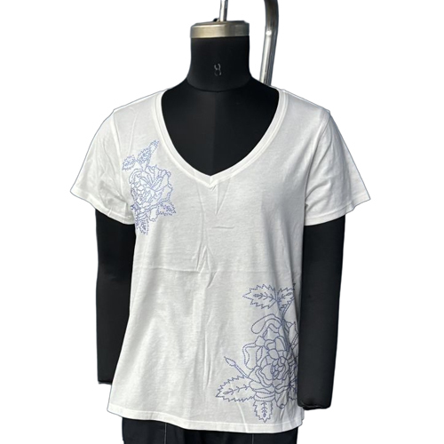 Cotton Knitted Stretchable Embroidery Top - Color: White