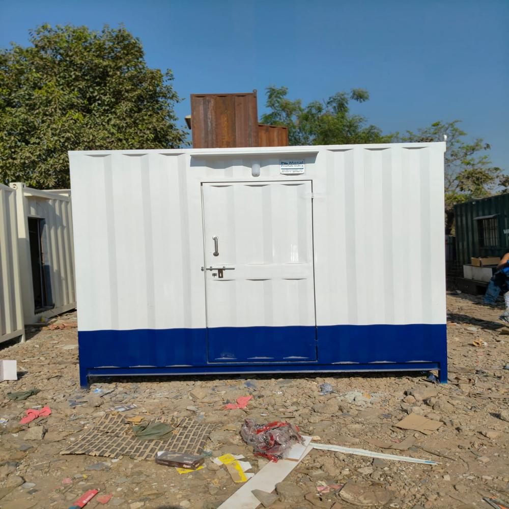 Ms Portable Office Cabin - Container Material, 6.5x3x7 Foot, White And Blue Color | High Wind Resistance, Vinyl Flooring, Sliding Window, 3000 Kg Floor Load