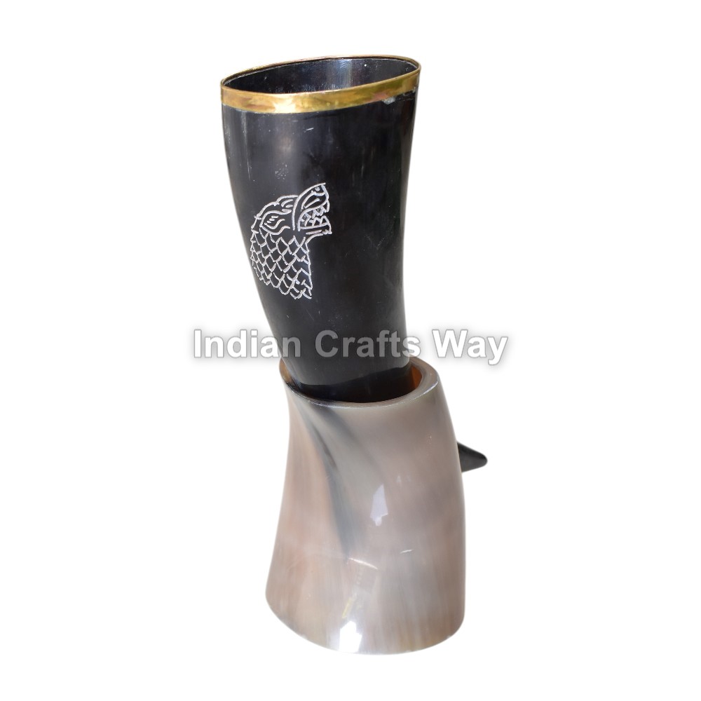 Hand Crafted medieval drinking horn with horn stand