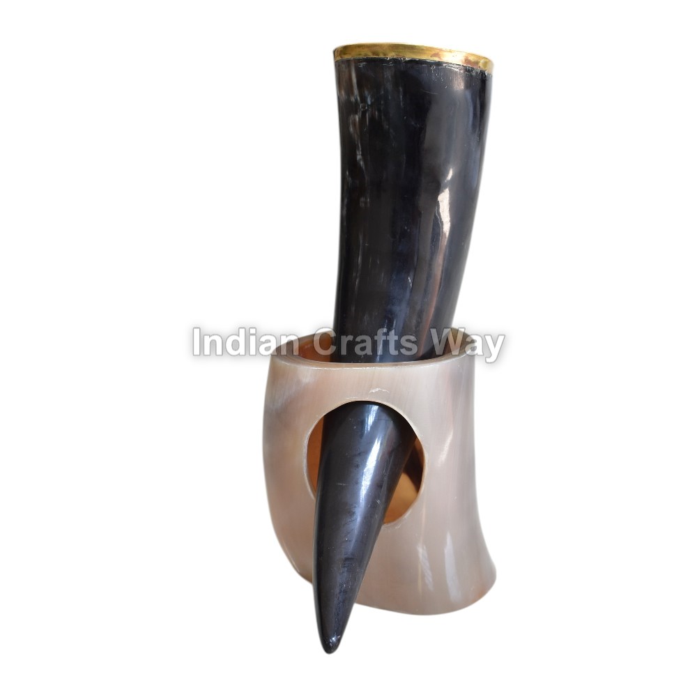 Hand Crafted medieval drinking horn with horn stand