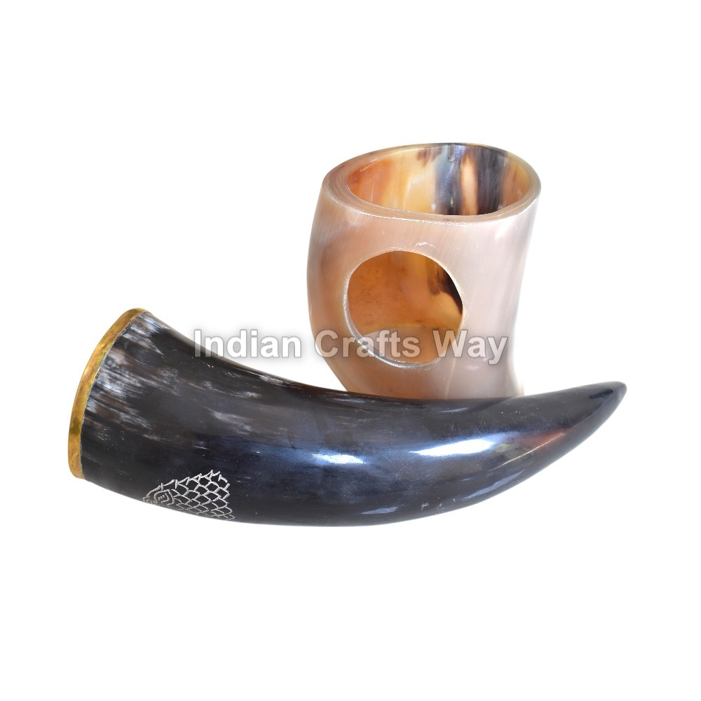 Hand Crafted medieval drinking horn with horn stand