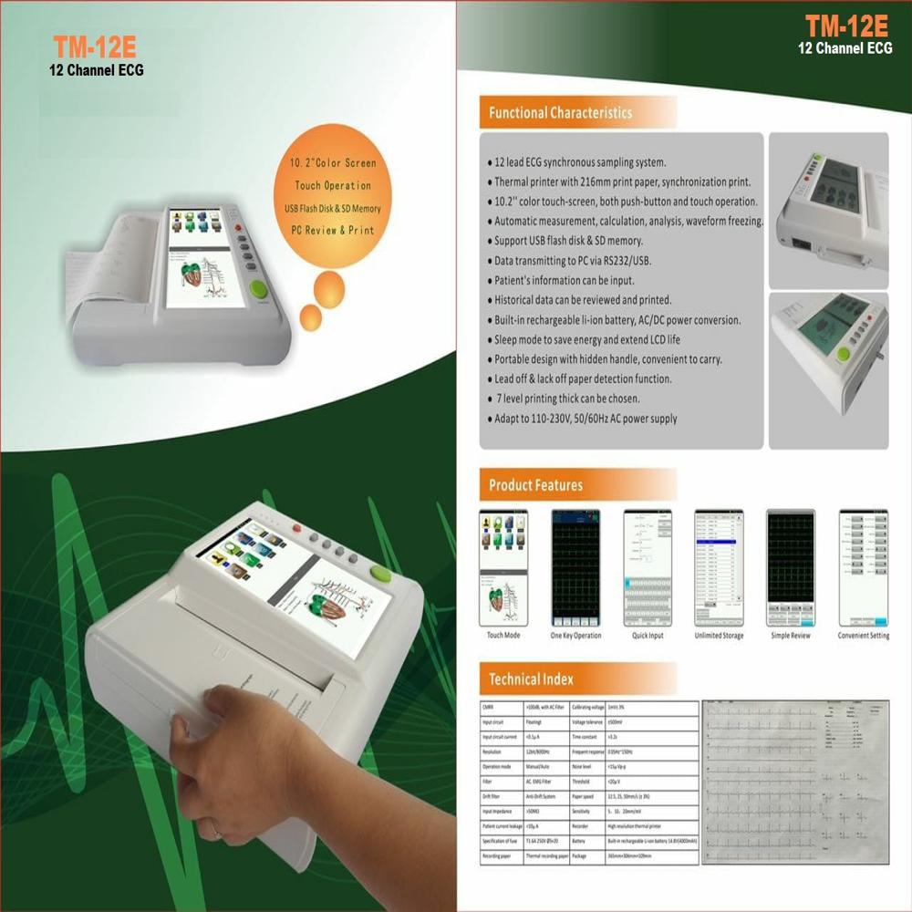 12 Channel Ecg Machine - 12 Leads, Color Lcd Display, Thermal Printer, Rechargeable Battery, Usb & Sd Card Storage, Digital Signal Processing | Ideal For Hospital And Clinic Diagnosis