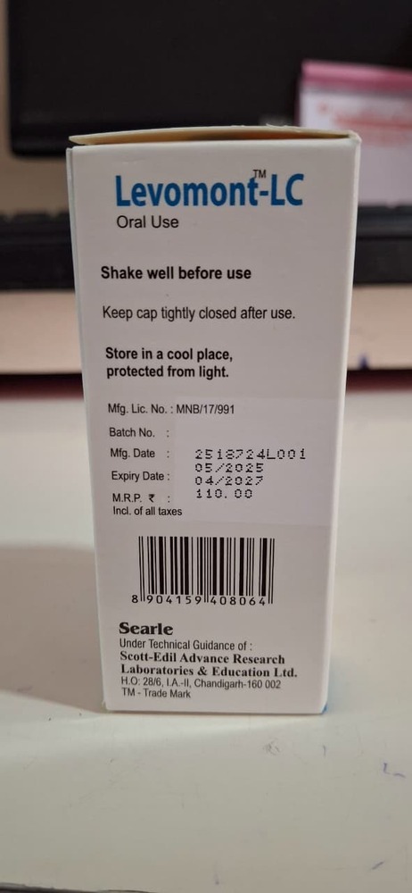 Montelukast Sodium + Levocetrizine Dihydrochloride Syrup 60 Ml - Drug Type: General Medicines