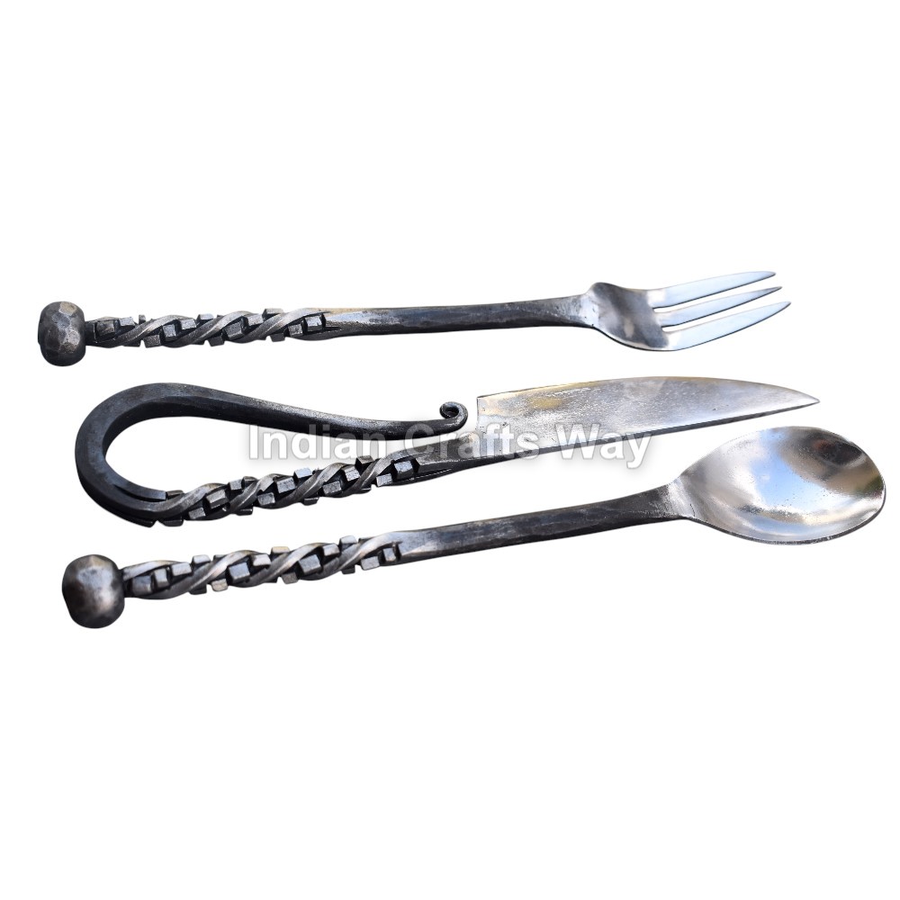 Hand Forged Medieval  cutlery set Knife, spoon, fork, stick.