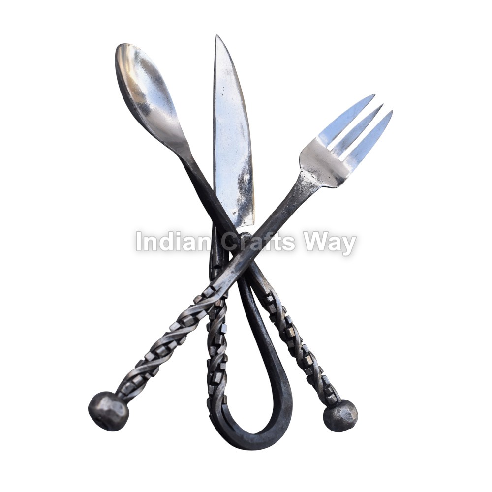 Hand Forged Medieval  cutlery set Knife, spoon, fork, stick.