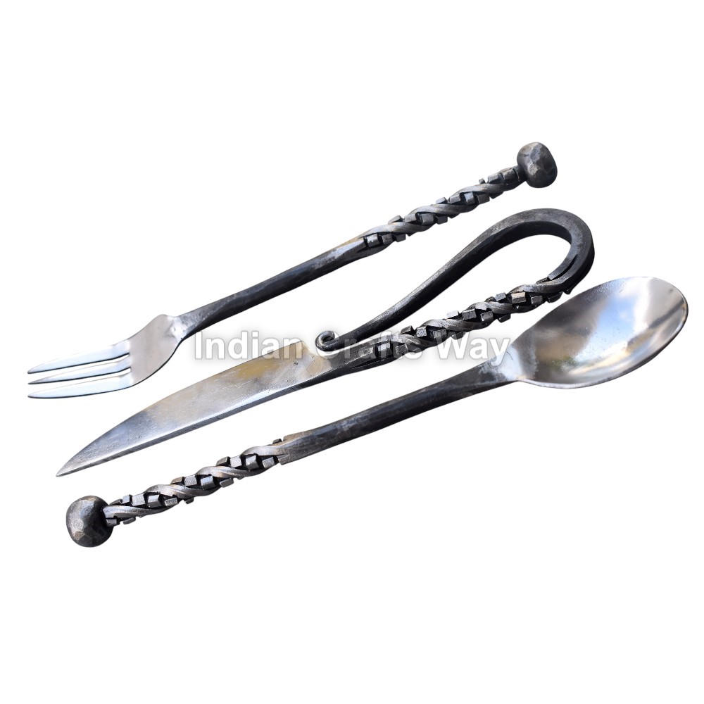 Hand Forged Medieval  cutlery set Knife, spoon, fork, stick.