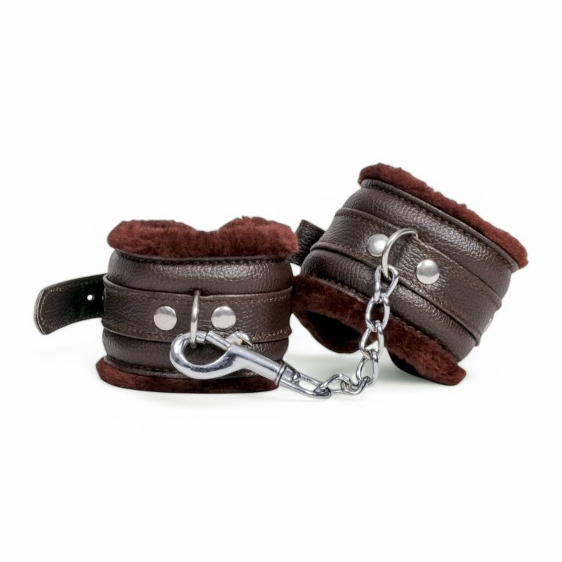 Brown Leather Bdsm Handcuffs with Fur