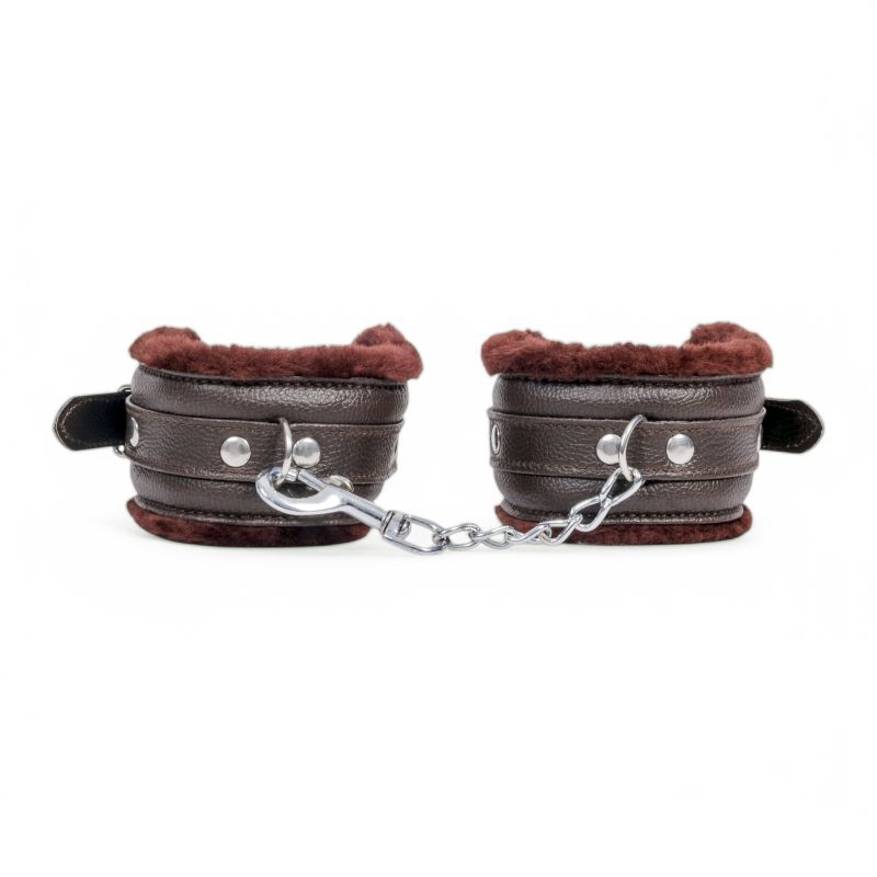Brown Leather Bdsm Handcuffs With Fur - Size: Multisizes