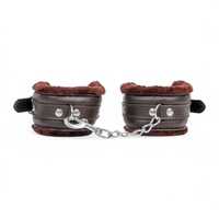 Brown Leather Bdsm Handcuffs with Fur
