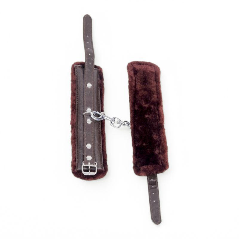 Brown Leather Bdsm Handcuffs With Fur - Size: Multisizes