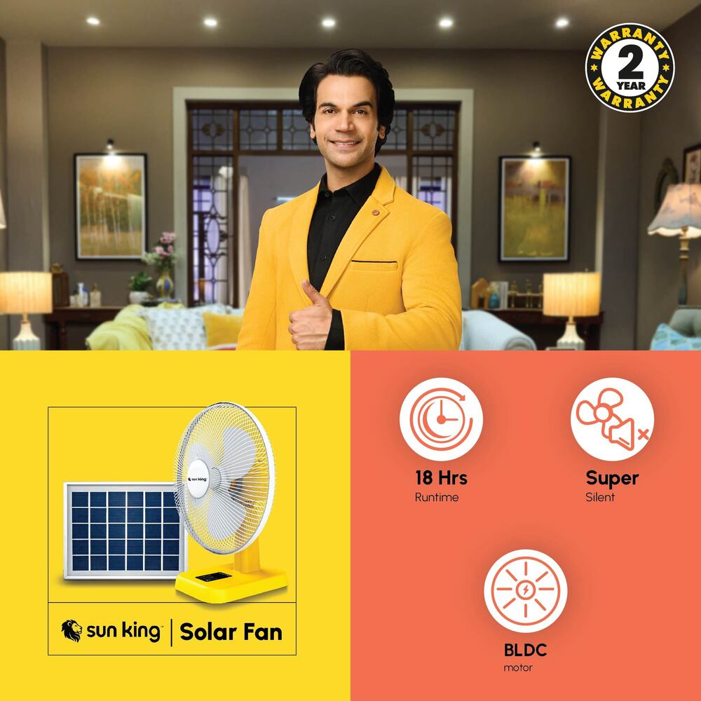Sun King 16 Inch 5100 Mah Battery Portable 20 Watt Solar Powered Fan With Brushless Dc Motor Portable Rechargeable Solar Fan - Color: Yellow & White