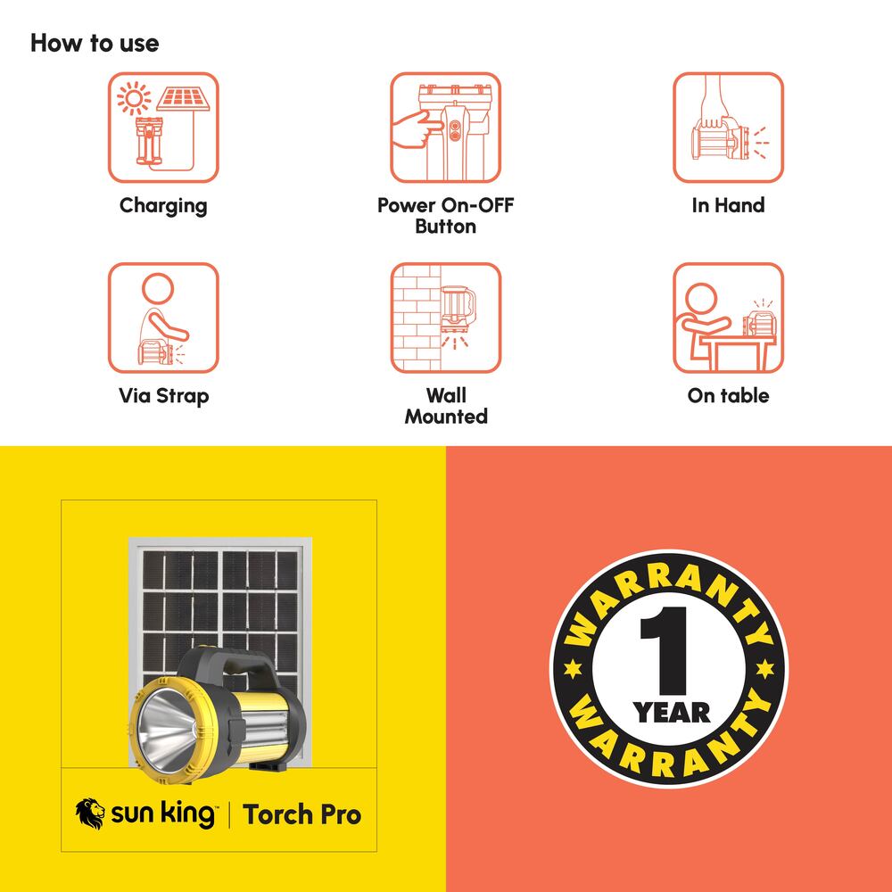 Sun King Portable Rechargeable Solar Torch Pro With Solar Panel